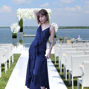 Navy Blue Satin Tiered Maxi Dress
